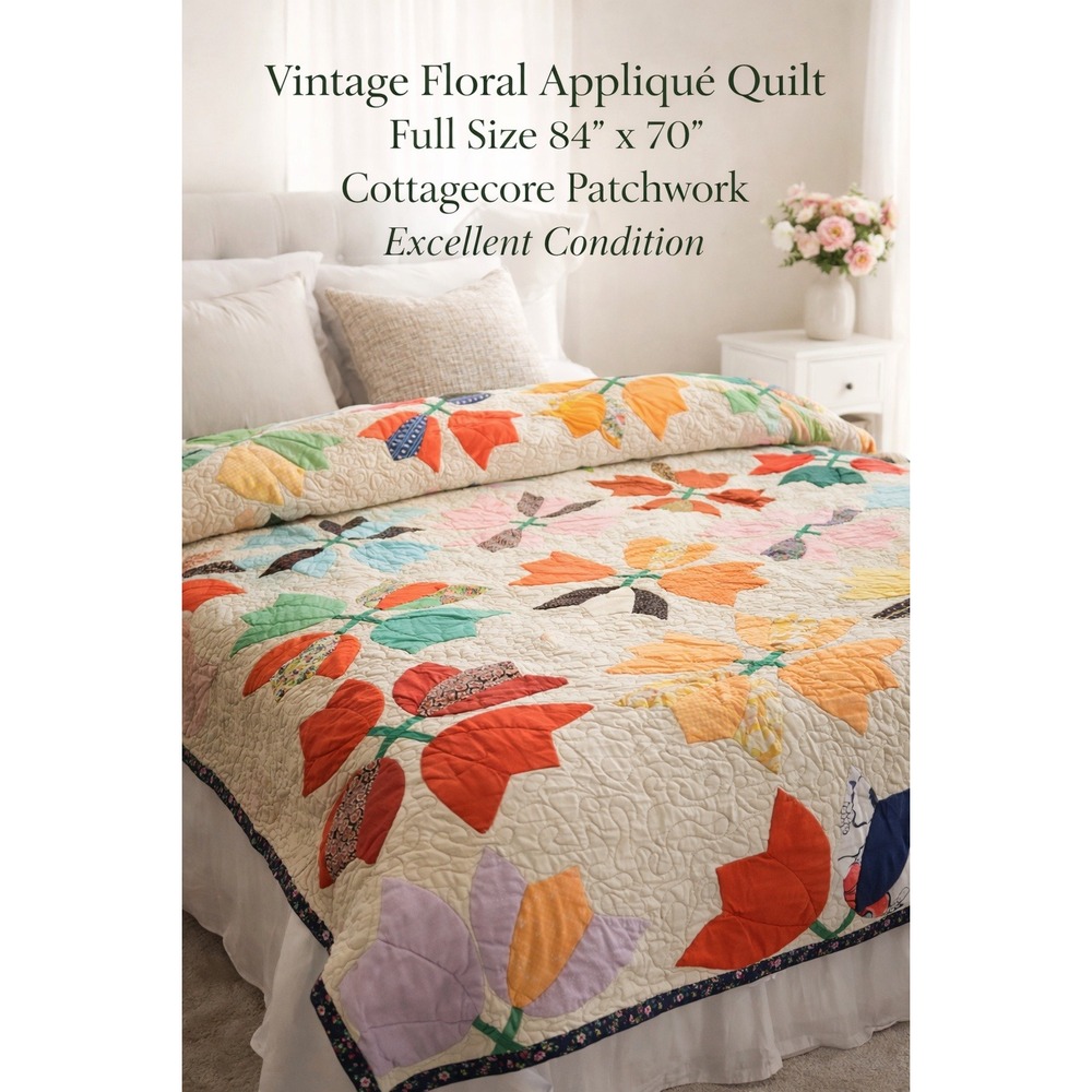 Vintage Floral Appliqué Quilt Full Size  Patchwork Excellent Condition